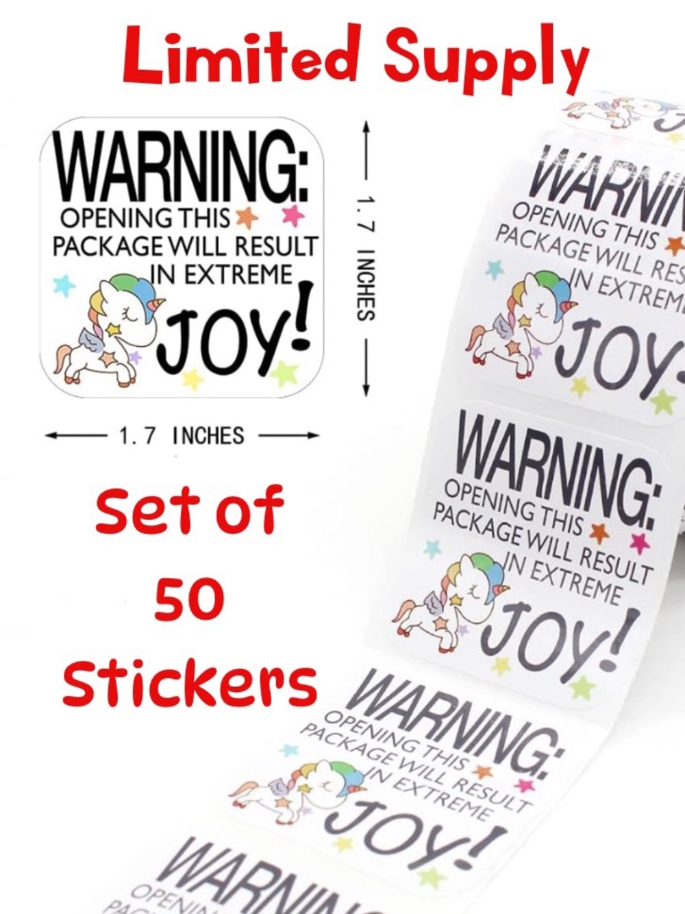 Set of 50 Unicorn "Warning: Joy" Stickers - Shipping Supplies Stickers